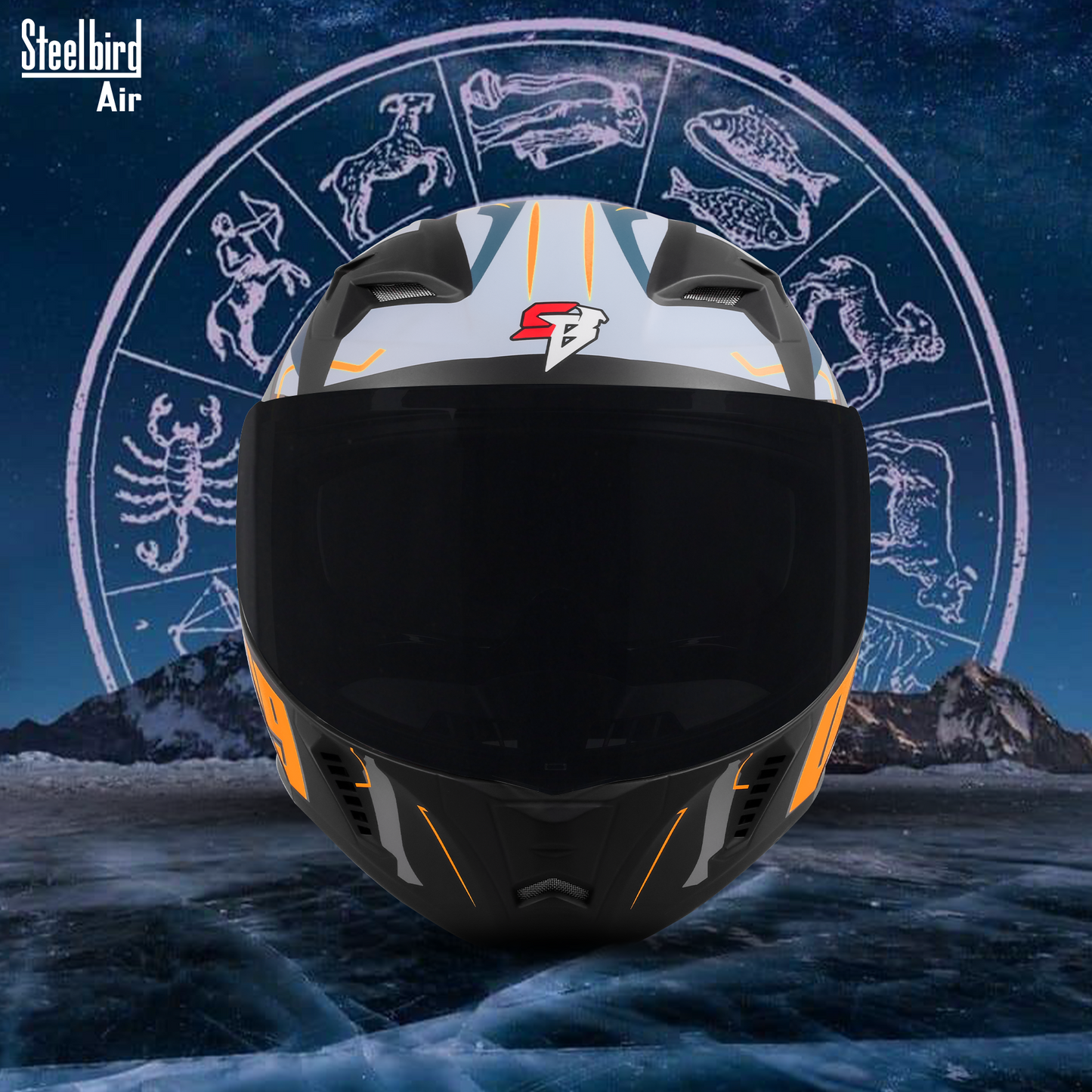 Steelbird SBA-20 02 ISI Certified Flip-Up Graphic Helmet for Men and Women with Inner Chrome Sun Shield .(Glossy Black Orange with Smoke Visor)