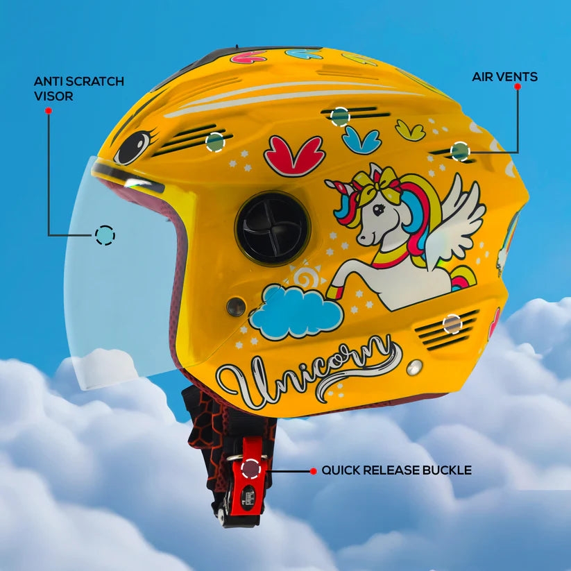 Steelbird SBA-6 Unicorn ISI Certified Open Face Graphic Helmet for Women and Kids (Matt Yellow with Clear Visor) Regular