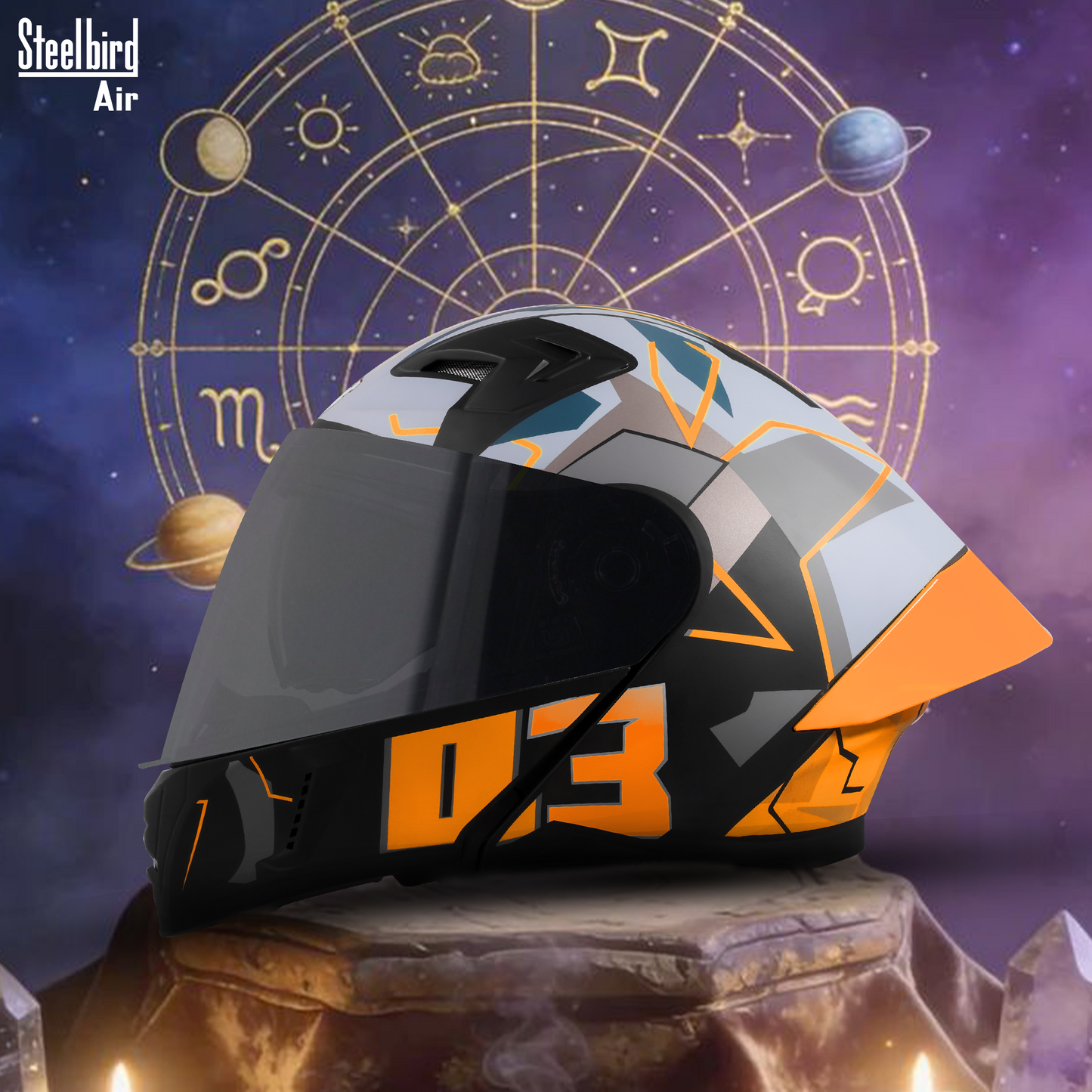 Steelbird SBA-20 03 ISI Certified Flip-Up Graphic Helmet for Men and Women with Inner Chrome Sun Shield .(Glossy Black Orange with Smoke Visor).