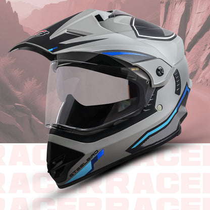 Steelbird Racer Off Road ISI Certified Motocross Double Visor Full Face Graphic Helmet Outer Clear Visor and Inner Silver Sun Shield (Glossy Grey Blue)
