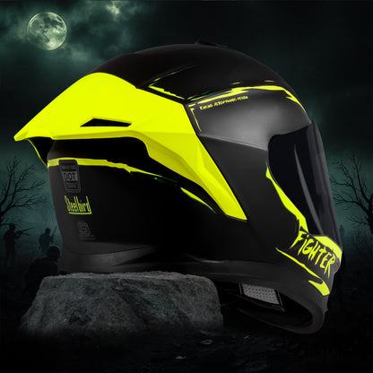 Steelbird SBH-57 Fighter F2 Graphic Helmet ISI and DOT Certified Full Face Helmet for Men with Inner Silver Sun Shield (Glossy Black Neon)