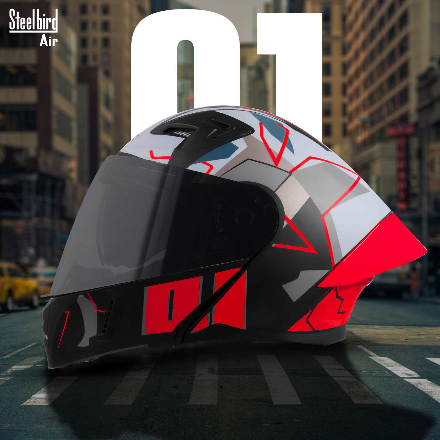 Steelbird SBA-20 01 ISI Certified Flip-Up Graphic Helmet for Men and Women with Inner Chrome Sun Shield .(Glossy Black Red with Smoke Visor)