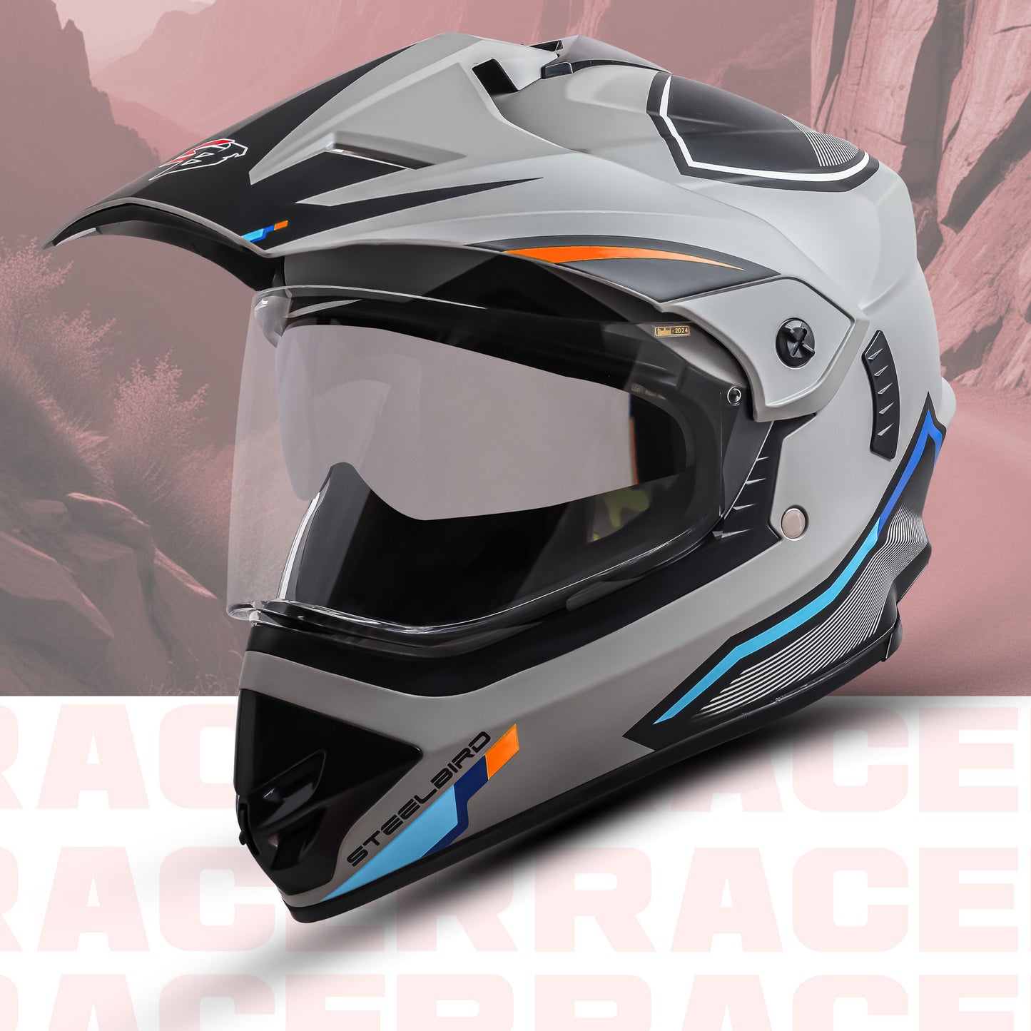 Steelbird Racer Off Road ISI Certified Motocross Double Visor Full Face Graphic Helmet Outer Clear Visor and Inner Silver Sun Shield (Glossy Grey Orange)