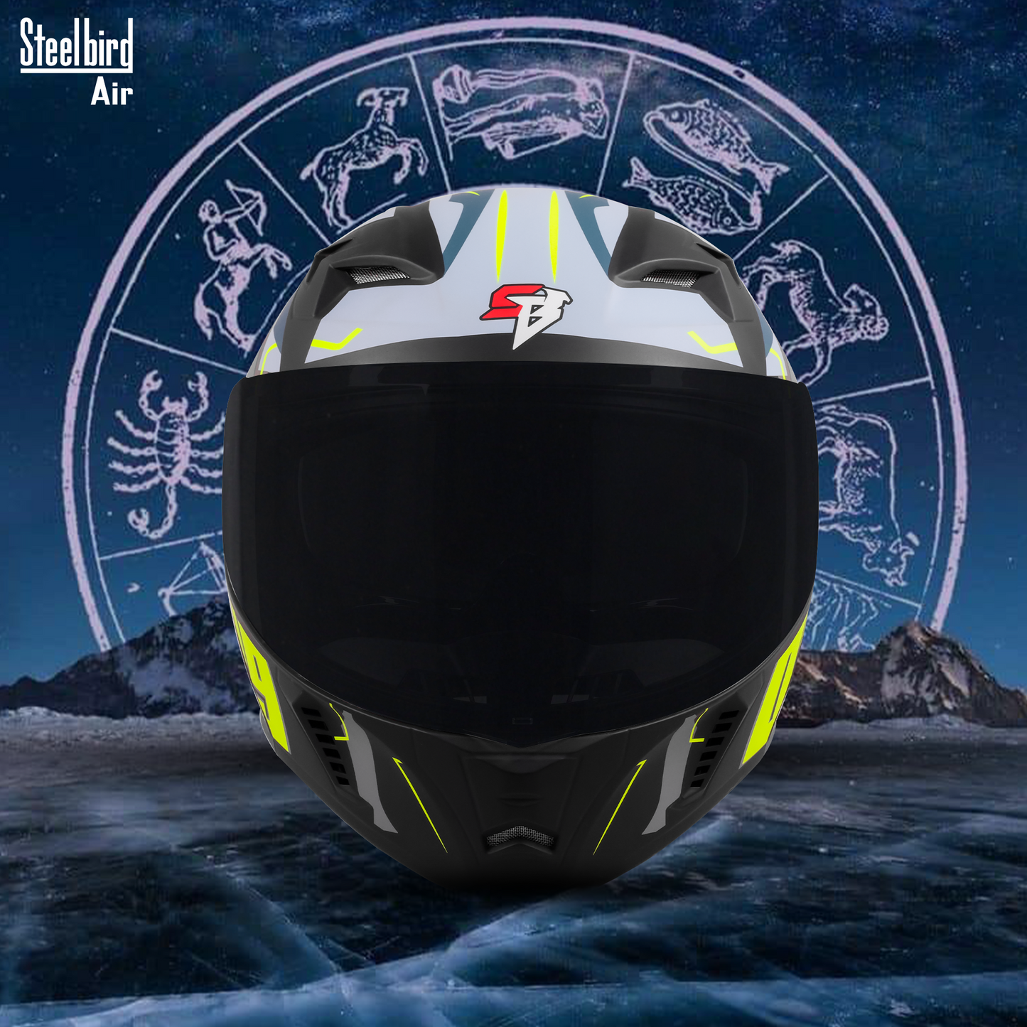 Steelbird SBA-20 02  ISI Certified Flip-Up Graphic Helmet for Men and Women with Inner Chrome Sun Shield .(Glossy Black Neon with Smoke Visor).