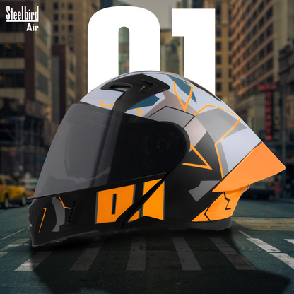 Steelbird SBA-20 01 ISI Certified Flip-Up Graphic Helmet for Men and Women with Inner Chrome Sun Shield .(Glossy Black Orange with Smoke Visor)