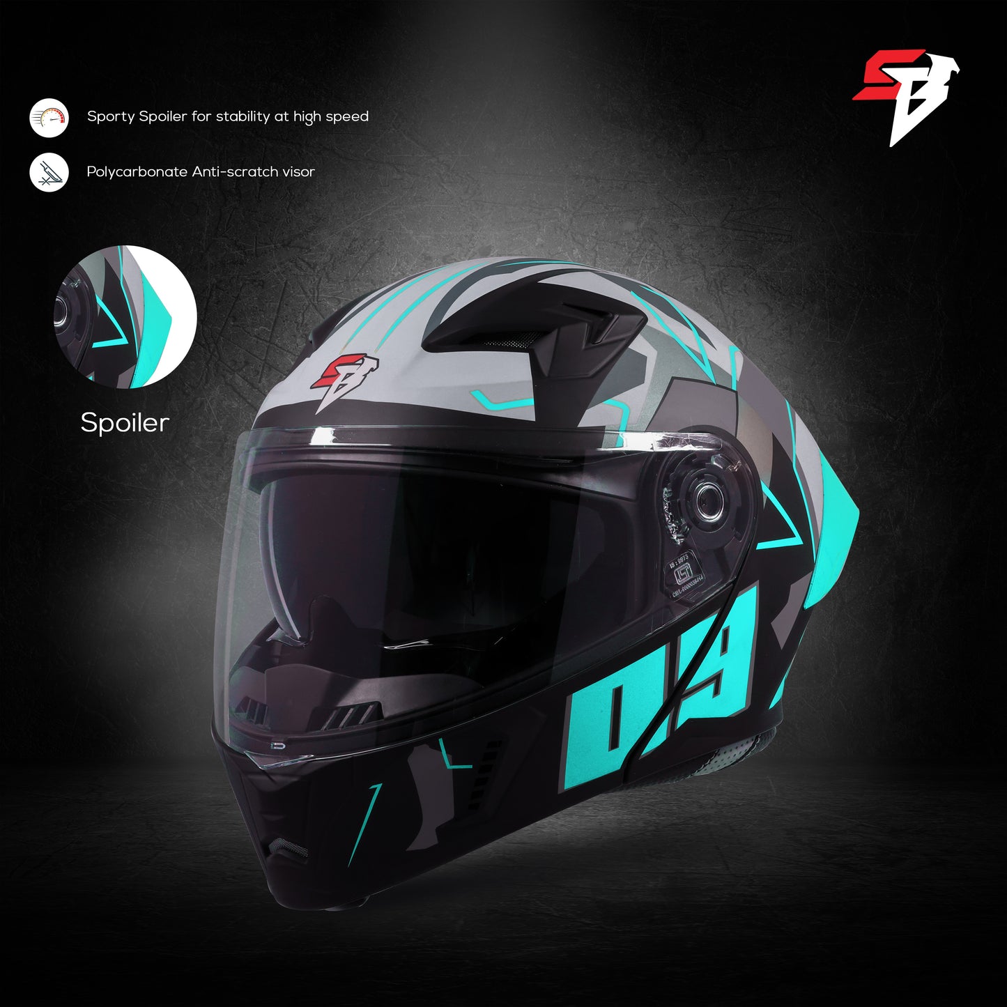 Steelbird SBA-20 09 ISI Certified Flip-Up Graphic Helmet for Men and Women with Inner Chrome Sun Shield. (Glossy Black Jazz Blue with Smoke Visor)