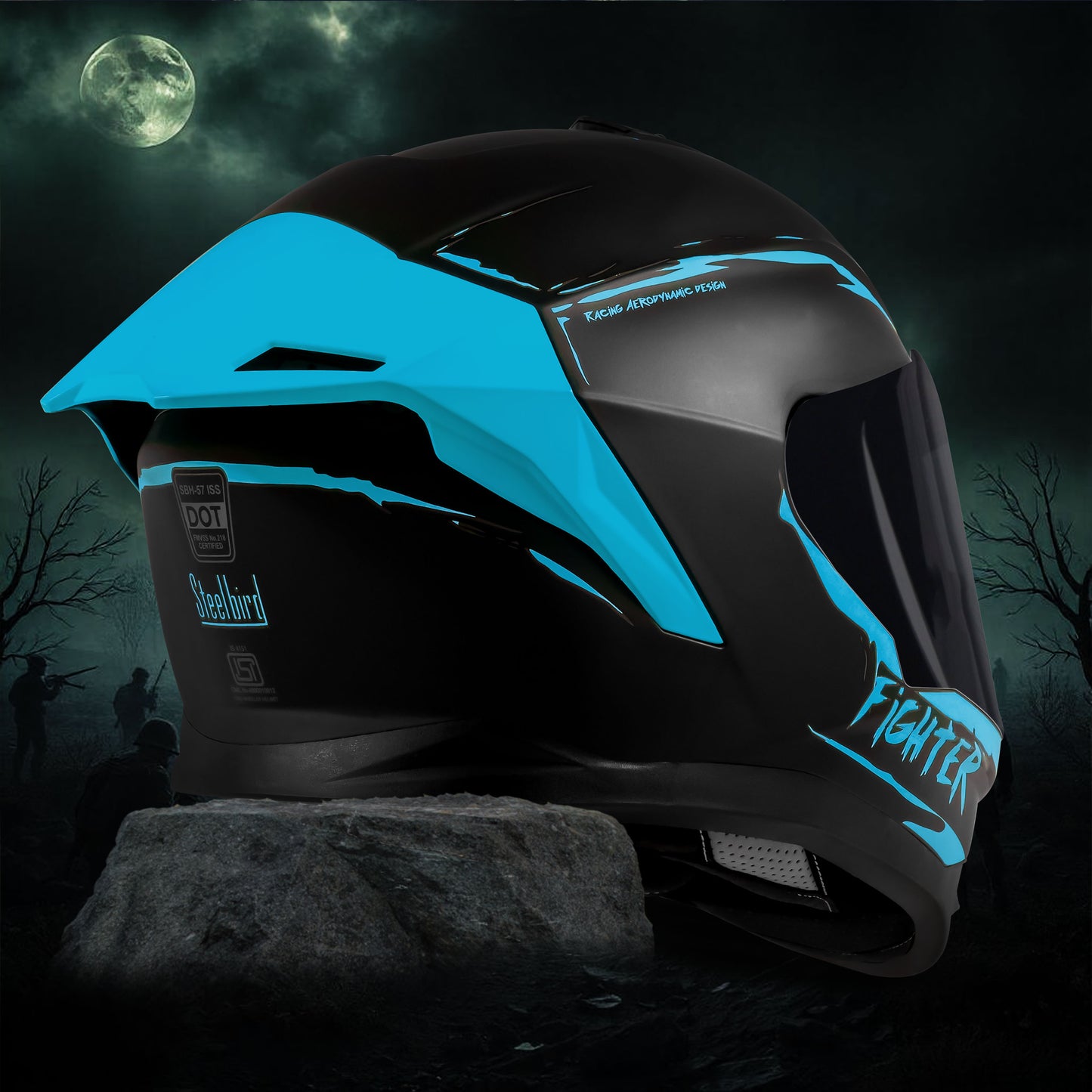 Steelbird SBH-57 Fighter F2 Graphic Helmet ISI and DOT Certified Full Face Helmet for Men with Inner Silver Sun Shield (Glossy Black Jazz Blue)