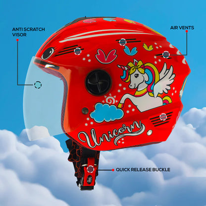 Steelbird SBA-6 Unicorn ISI Certified Open Face Graphic Helmet for Women and Kids (Matt Red with Clear Visor) Regular.