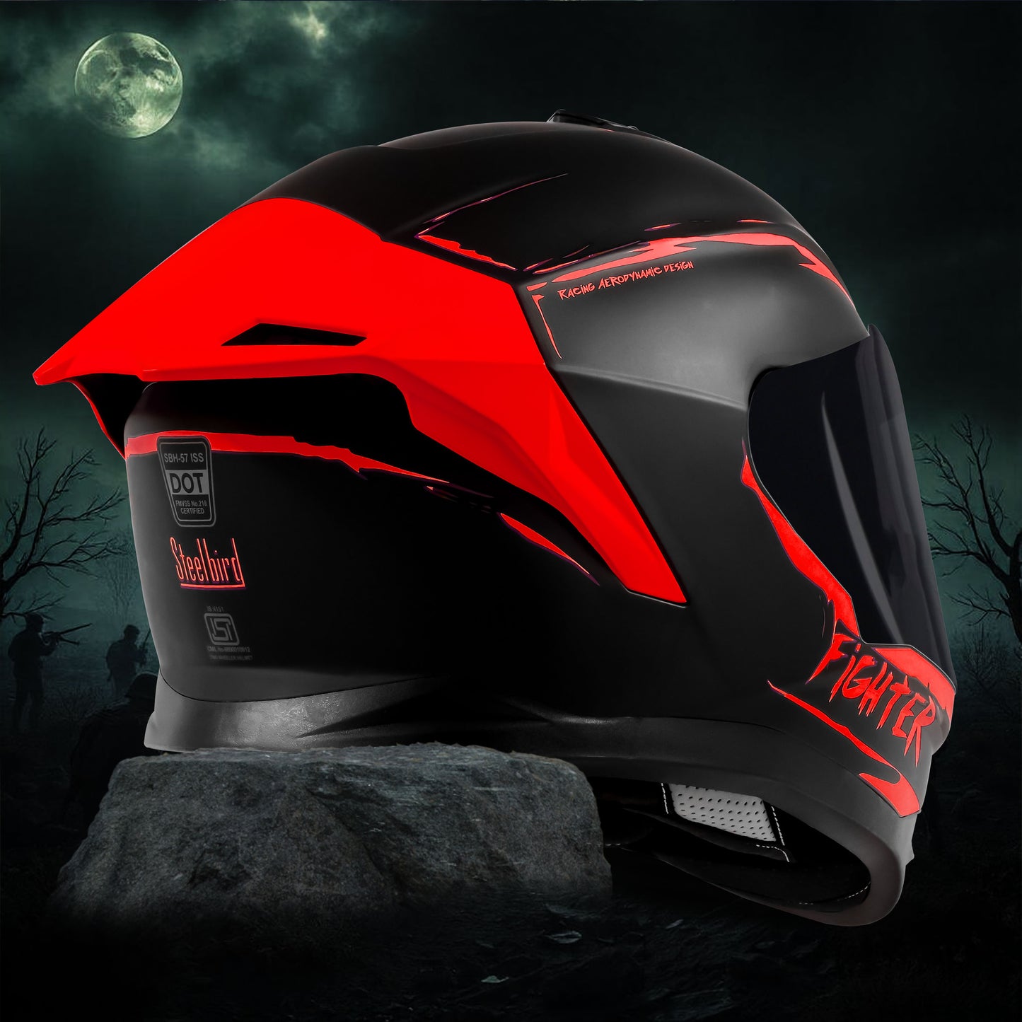 Steelbird SBH-57 Fighter F2 Graphic Helmet ISI and DOT Certified Full Face Helmet for Men with Inner Silver Sun Shield (Glossy Black Red)