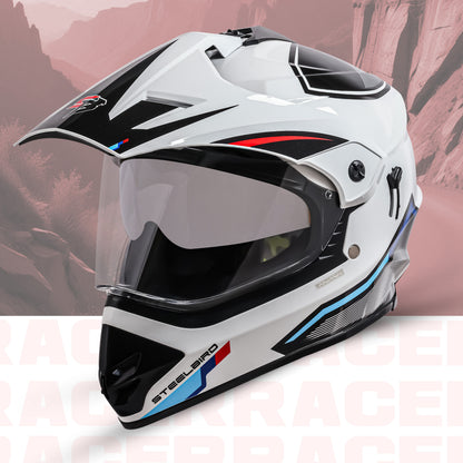 Steelbird Racer Off Road ISI Certified Motocross Double Visor Full Face Graphic Helmet Outer Clear Visor and Inner Silver Sun Shield (Glossy White Red)