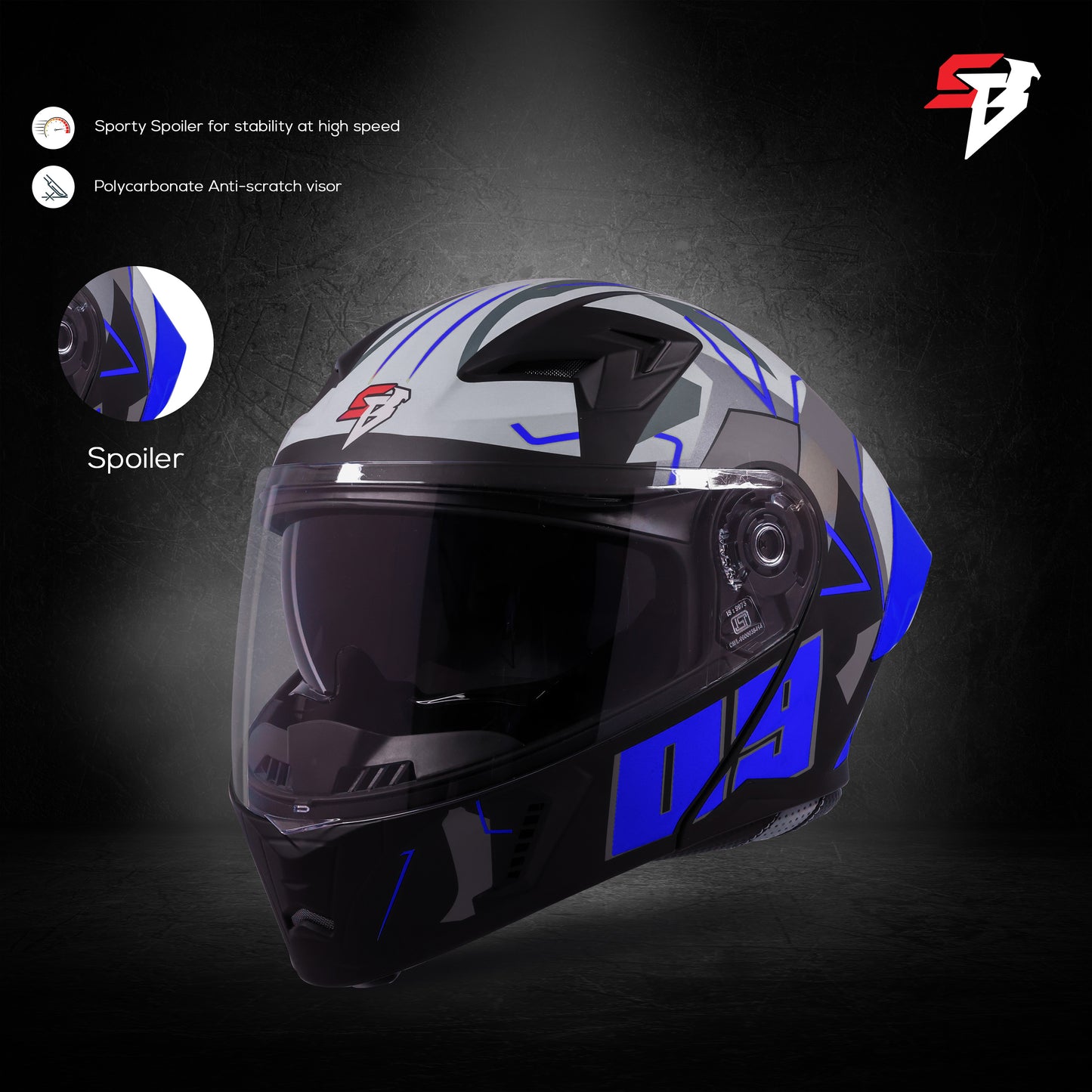 Steelbird SBA-20 09 ISI Certified Flip-Up Graphic Helmet for Men and Women with Inner Chrome Sun Shield(Glossy Black Blue with Smoke Visor)