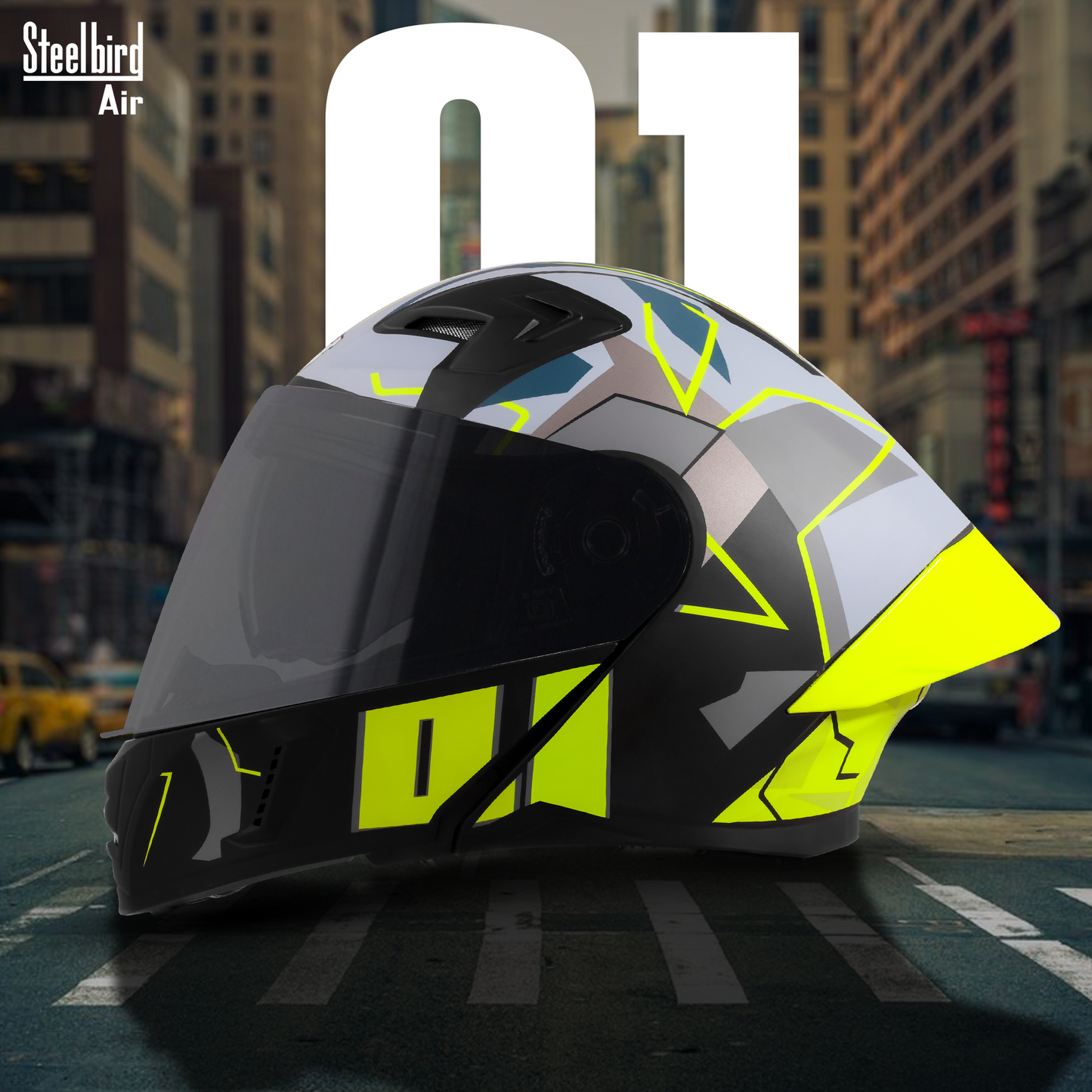 Steelbird SBA-20 01  ISI Certified Flip-Up Graphic Helmet for Men and Women with Inner Chrome Sun Shield .(Glossy Black Neon with Smoke Visor)