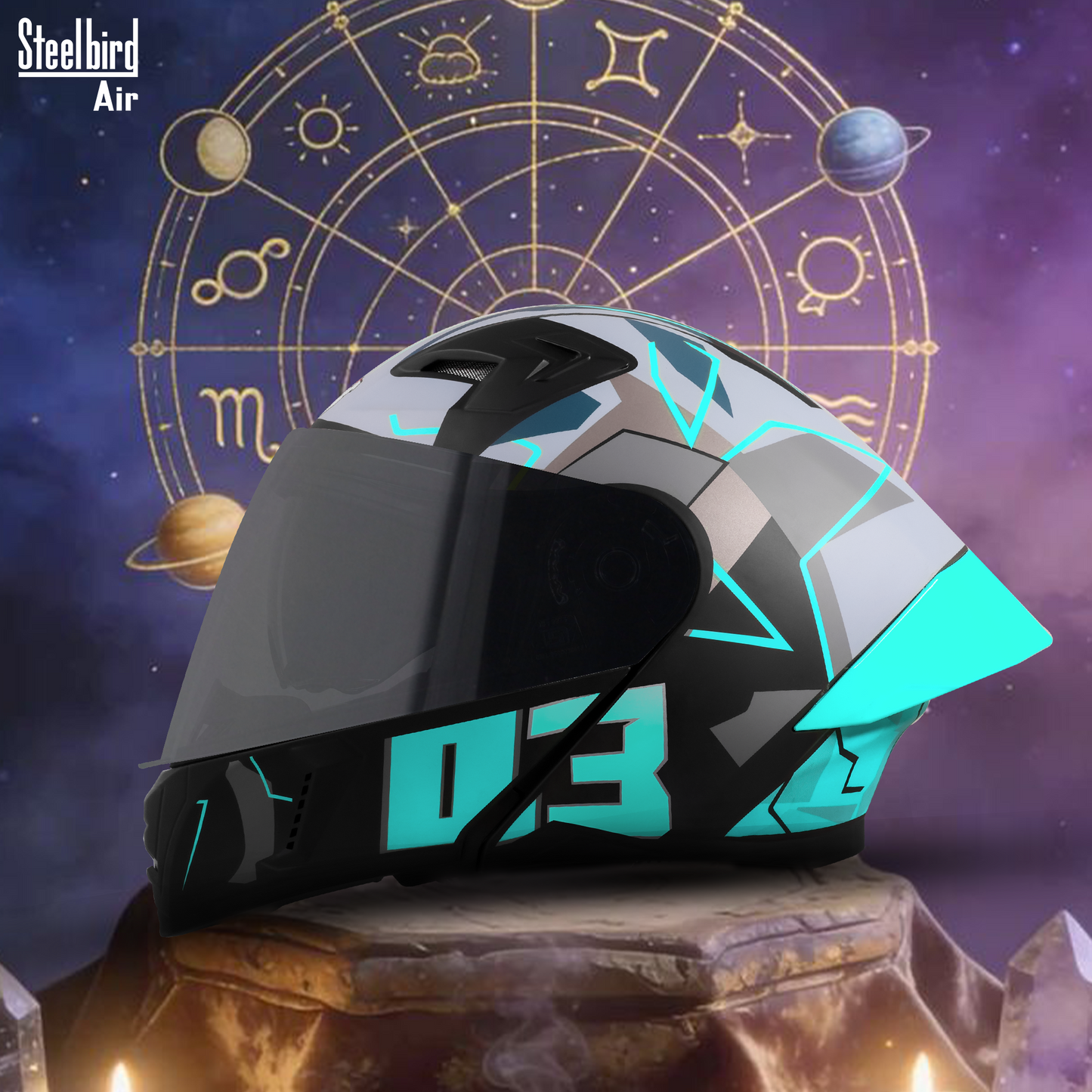 Steelbird SBA-20 03 ISI Certified Flip-Up Graphic Helmet for Men and Women with Inner Chrome Sun Shield. (Glossy Black Jazz Blue with Smoke Visor)