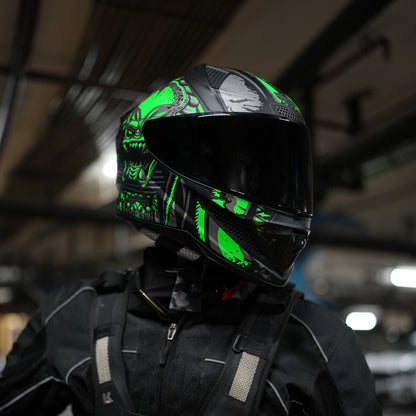 Steelbird SBH-25 Predator ISI Certified Full Face Graphic Helmet for Men and Women (Glossy Black Green with Inner Smoke Sun Shield).