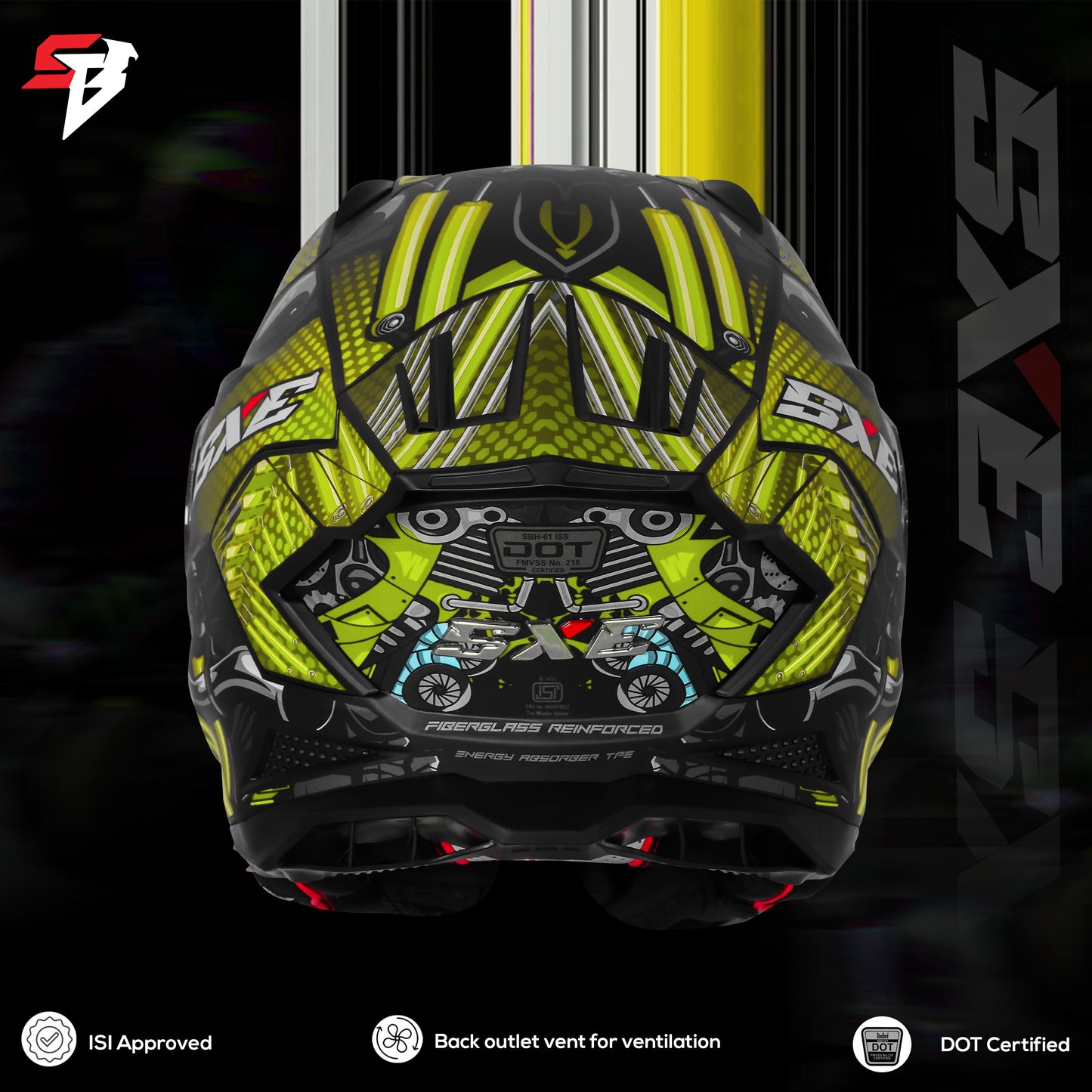 Steelbird SBH 61 SXE X2 ISI and Dot Certified Full Face Helmet for Men and with Inner Silver Sunshield (Glossy Black Neon)