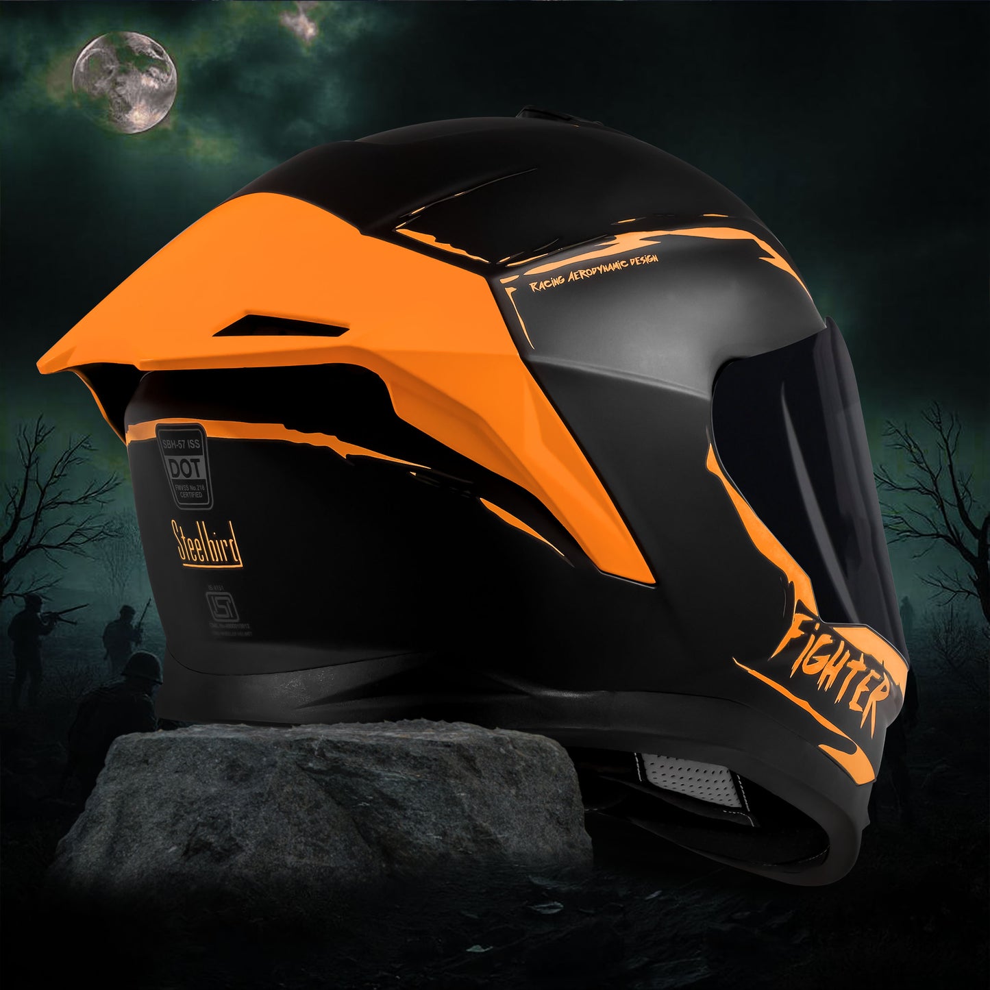 Steelbird SBH-57 Fighter F2 Graphic Helmet ISI and DOT Certified Full Face Helmet for Men with Inner Silver Sun Shield (Glossy Black Orange)
