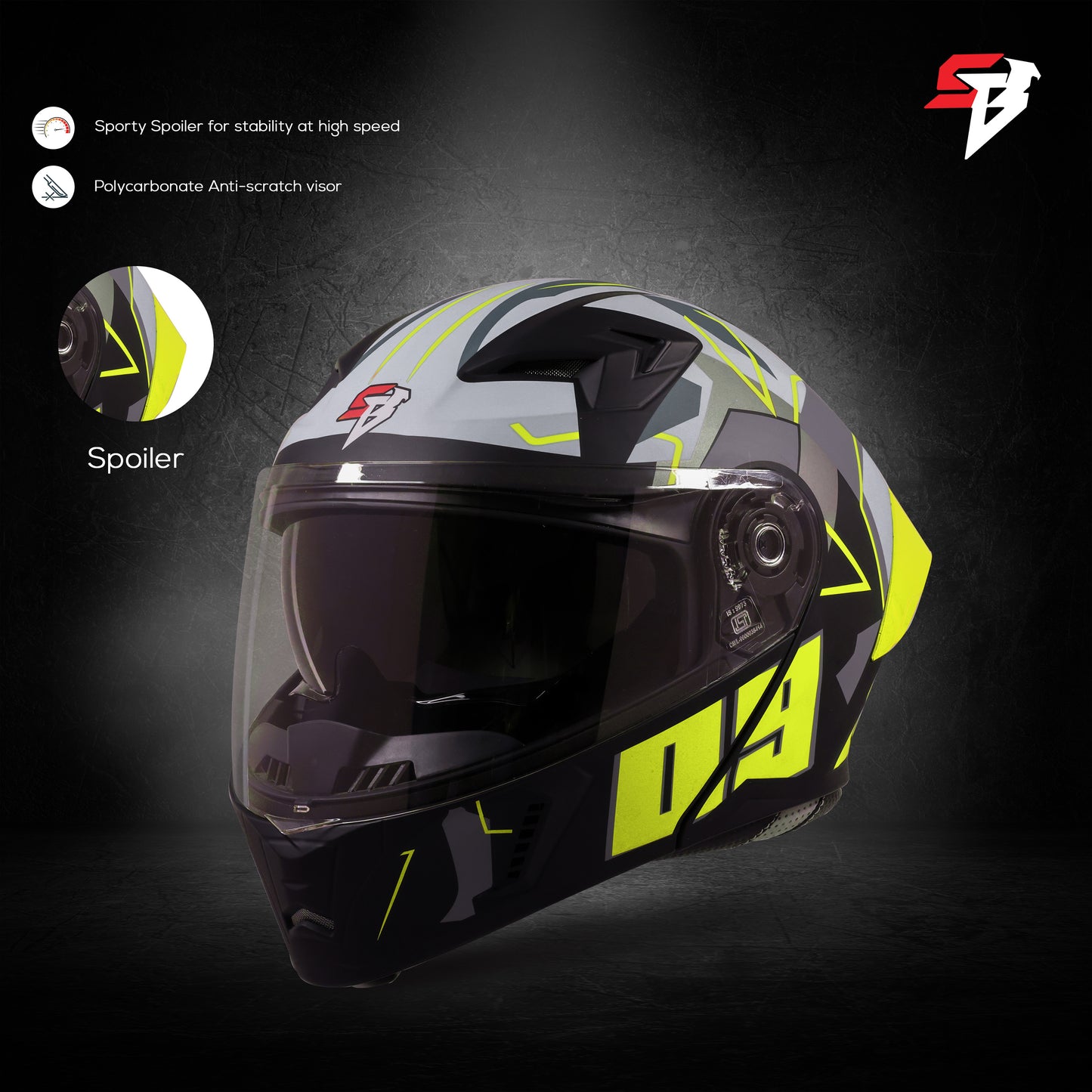 Steelbird SBA-20 09 ISI Certified Flip-Up Graphic Helmet for Men and Women with Inner Chrome Sun Shield .(Glossy Black Neon with Smoke Visor)