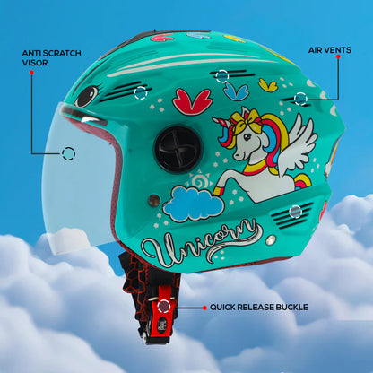 Steelbird SBA-6 Unicorn ISI Certified Open Face Graphic Helmet for Women and Kids (Matt Blue with Clear Visor) Regular