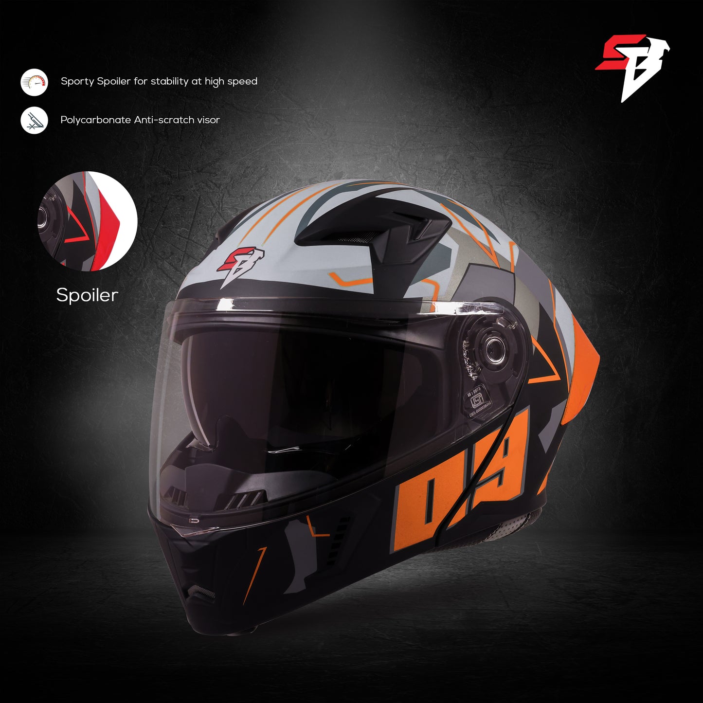 Steelbird SBA-20 09 ISI Certified Flip-Up Graphic Helmet for Men and Women with Inner Chrome Sun Shield .(Glossy Black Orange with Smoke Visor)