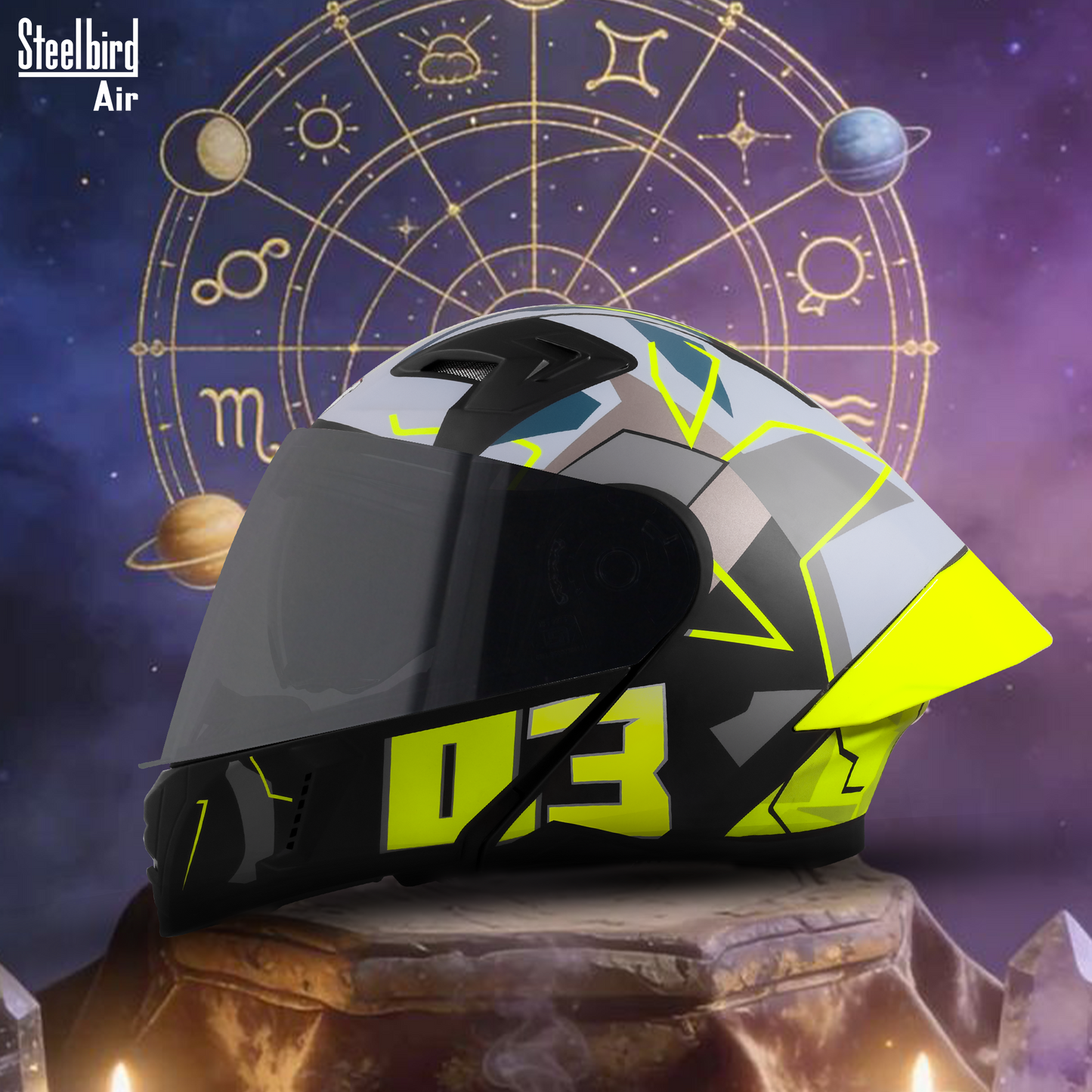 Steelbird SBA-20 03  ISI Certified Flip-Up Graphic Helmet for Men and Women with Inner Chrome Sun Shield .(Glossy Black Neon with Smoke Visor).