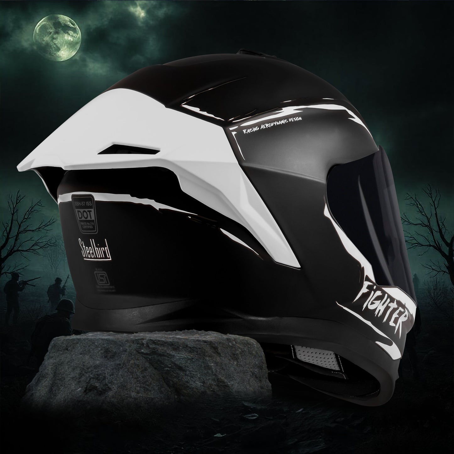 Steelbird SBH-57 Fighter F2 Graphic Helmet ISI and DOT Certified Full Face Helmet for Men with Inner Silver Sun Shield (Glossy Black White)