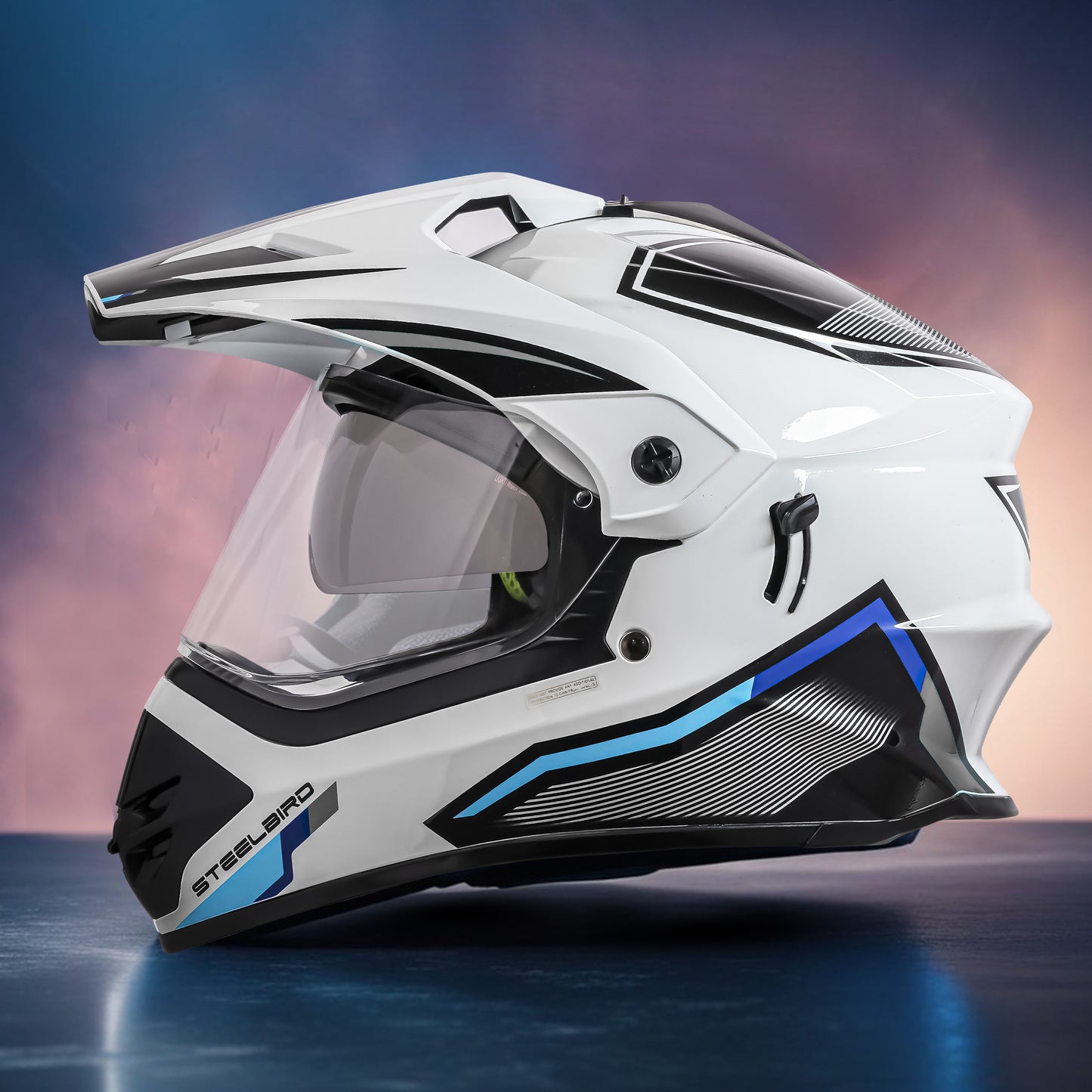 Steelbird Racer Off Road ISI Certified Motocross Double Visor Full Face Graphic Helmet Outer Clear Visor and Inner Silver Sun Shield (Glossy White Grey)