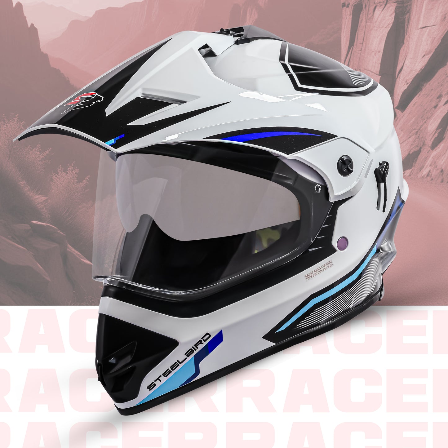 Steelbird Racer Off Road ISI Certified Motocross Double Visor Full Face Graphic Helmet Outer Clear Visor and Inner Silver Sun Shield (Glossy White Blue)