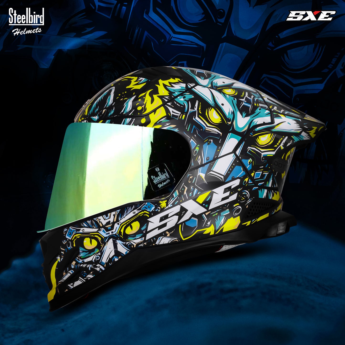 Steelbird SBH-61 SXE X1 ISI and Dot Certified Full Face Helmet for Men with Inner Silver Sunshield .Clear Visor With Extra Chrome.
