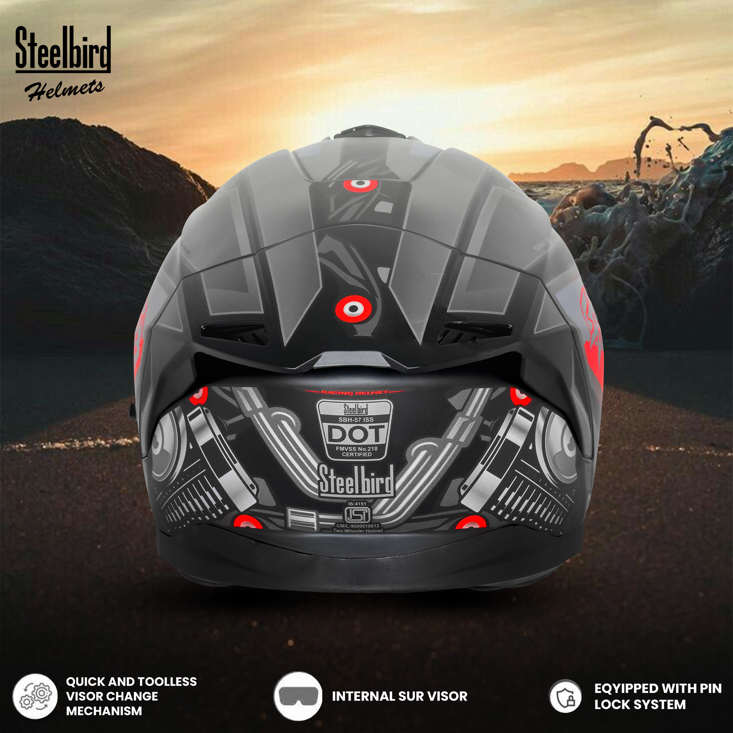 Steelbird SBH-57 Fighter F8 ISI and DOT Certified Full Face Graphic Helmet for Men and Women with Inner Silver Sun Shield