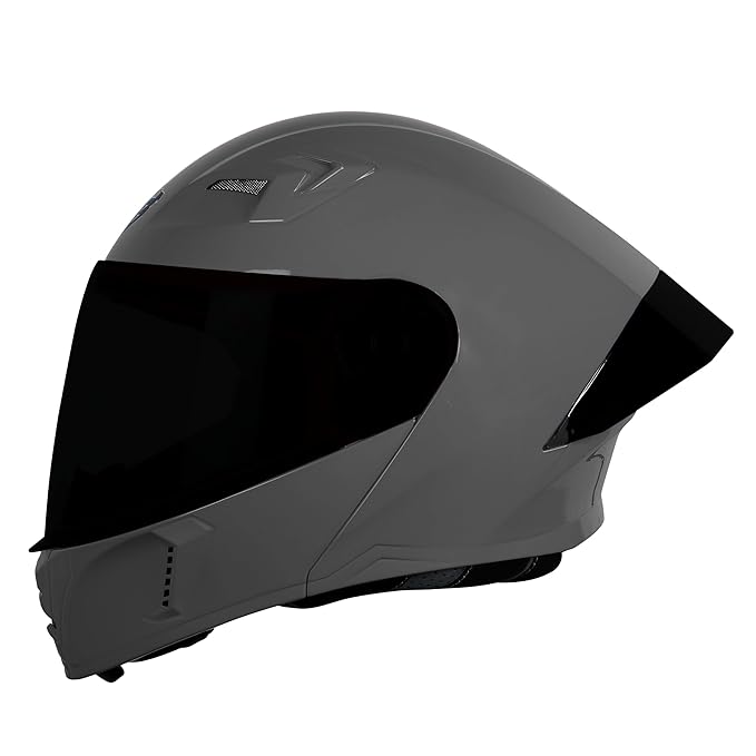 Steelbird SBA-20 7Wings ISI Certified Flip-Up Helmet with Black Spoiler for Men and Women with Inner Smoke Sun Shield (Glossy Grey with Smoke Visor).