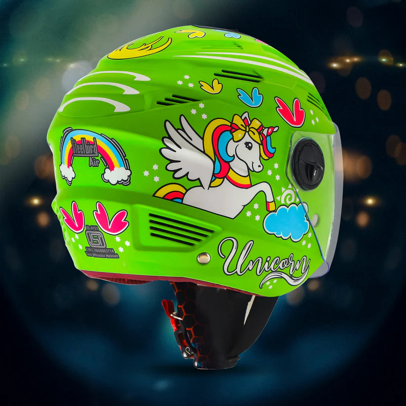 Steelbird SBA-6 Unicorn ISI Certified Open Face Graphic Helmet for Women and Kids (Matt Green with Clear Visor) Regular