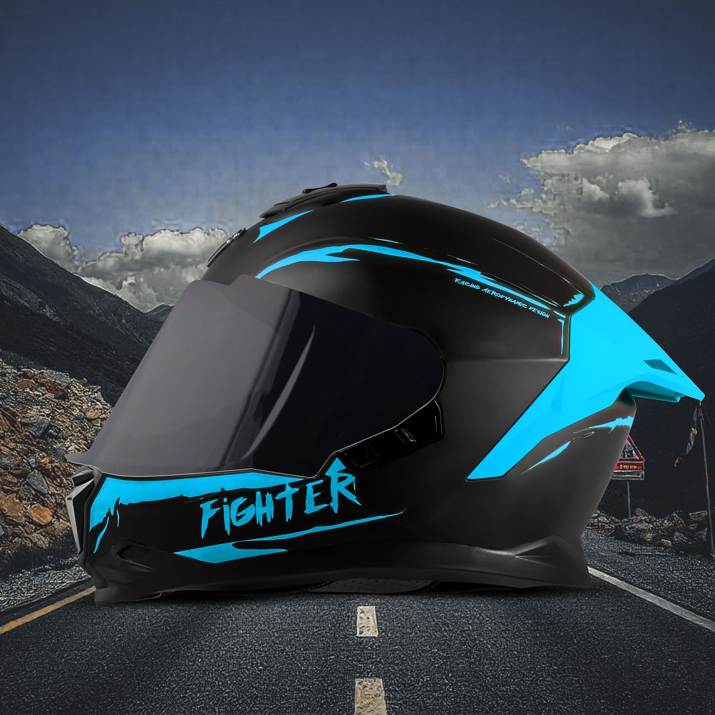 Steelbird SBH-57 Fighter F2 Graphic Helmet ISI and DOT Certified Full Face Helmet for Men with Inner Silver Sun Shield (Glossy Black Jazz Blue)