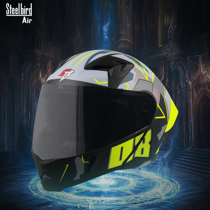 Steelbird SBA-20 08 ISI Certified Flip-Up Graphic Helmet for Men and Women with Inner Chrome Sun Shield .(Glossy Black Neon with Smoke Visor).