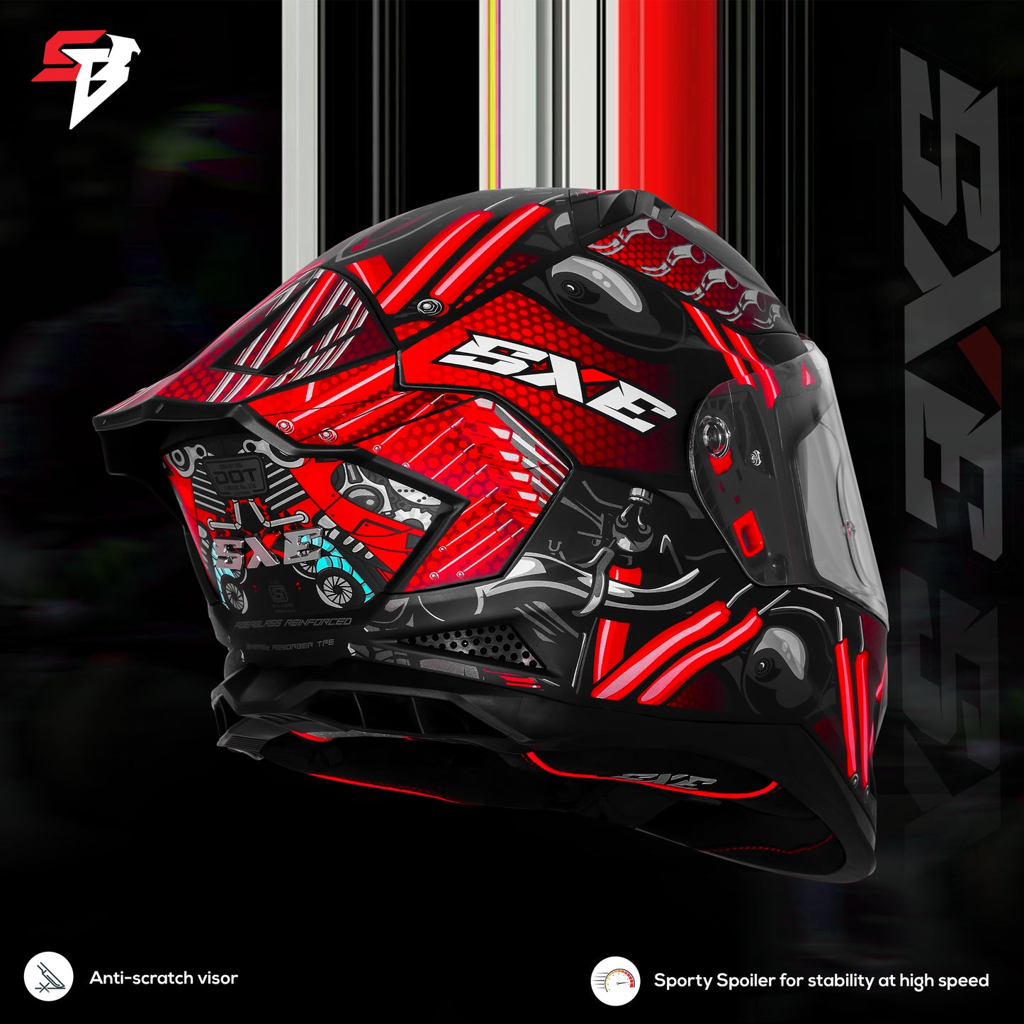 Steelbird SBH-61 SXE X2 Pinlock ISI and Dot Certified Full Face Helmet for Men and with Inner Silver Sunshield (Glossy Black Red with Anti fog Shield)