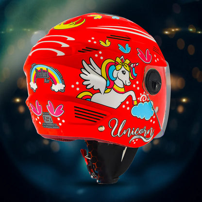 Steelbird SBA-6 Unicorn ISI Certified Open Face Graphic Helmet for Women and Kids (Matt Red with Clear Visor) Regular.