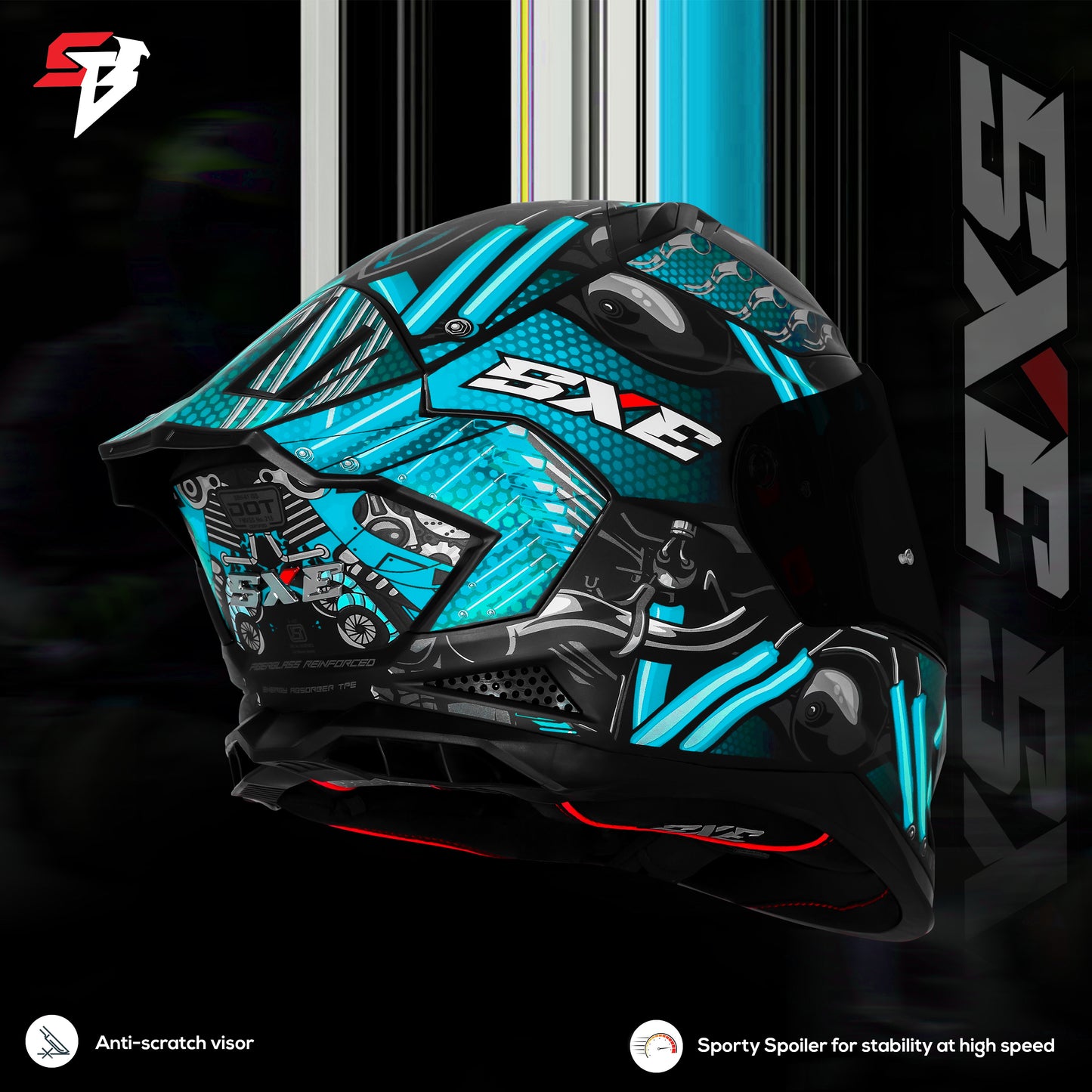 Steelbird SBH-61 SXE X2 Pinlock ISI and Dot Certified Full Face Helmet for Men and with Inner Silver Sunshield (Glossy Black Cyan Green with Smoke Visor)