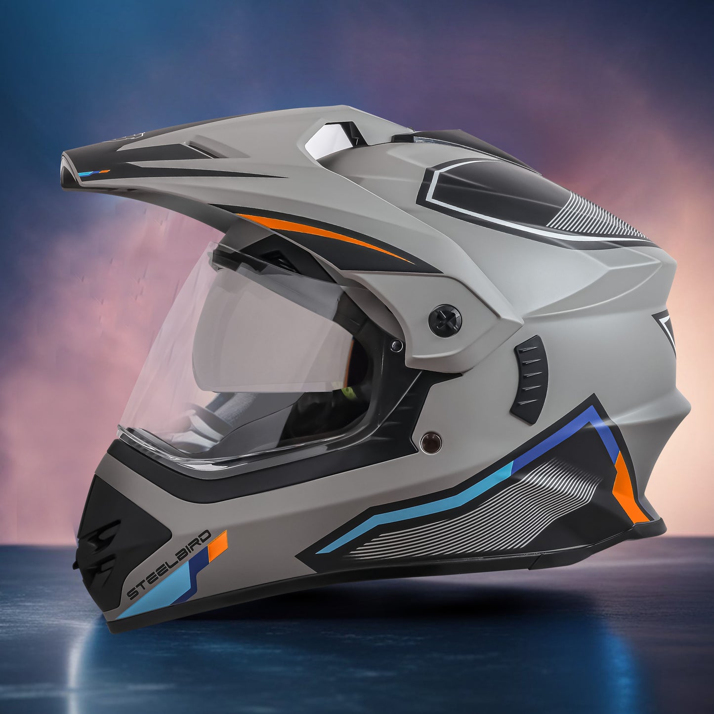 Steelbird Racer Off Road ISI Certified Motocross Double Visor Full Face Graphic Helmet Outer Clear Visor and Inner Silver Sun Shield (Glossy Grey Orange)