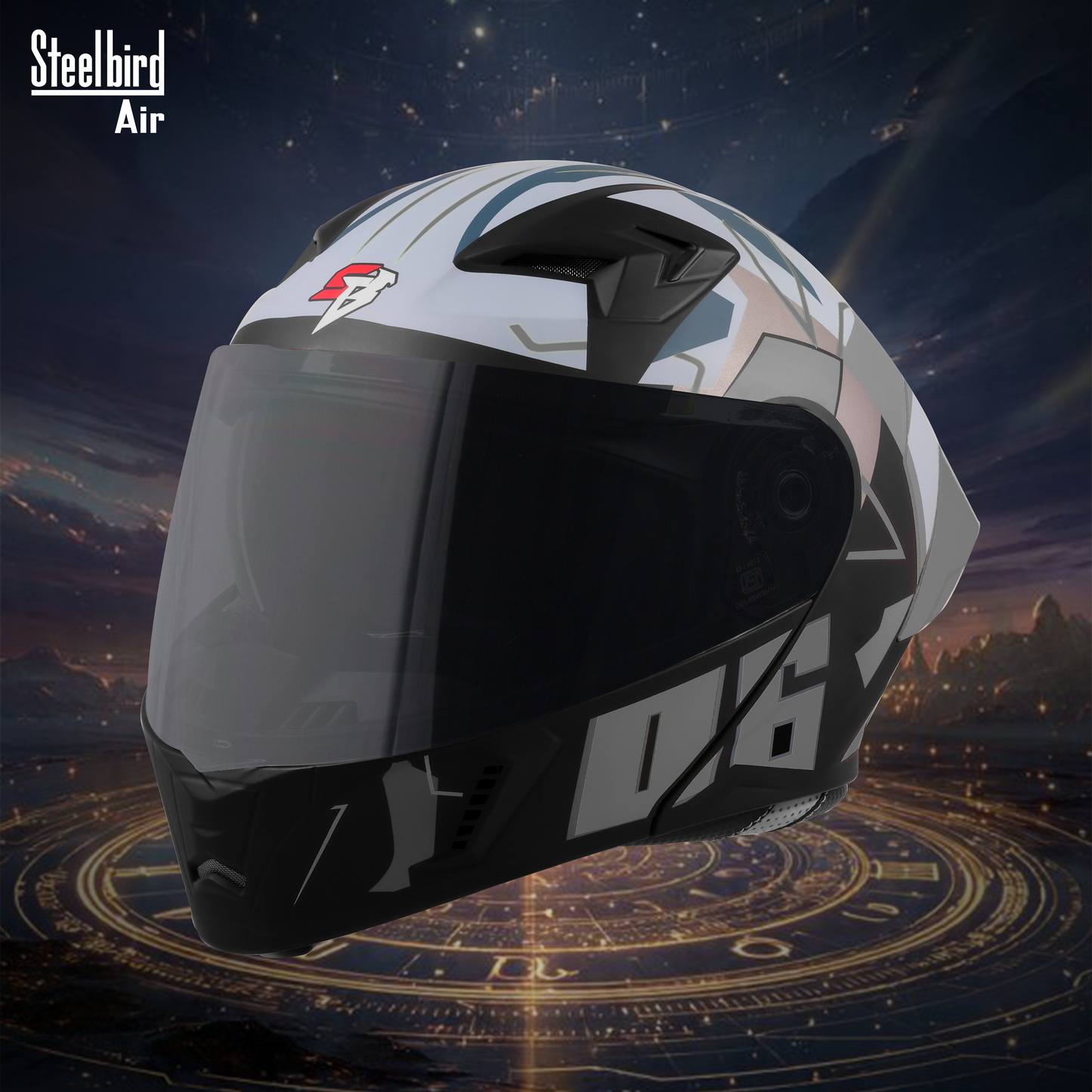 Steelbird SBA-20 06 ISI Certified Flip-Up Graphic Helmet for Men and Women with Inner Chrome Sun Shield .(Glossy Black Grey with Smoke Visor).