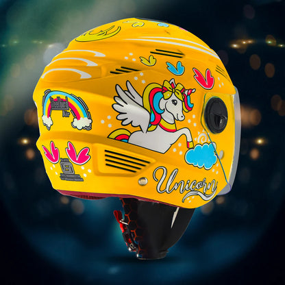 Steelbird SBA-6 Unicorn ISI Certified Open Face Graphic Helmet for Women and Kids (Matt Yellow with Clear Visor) Regular