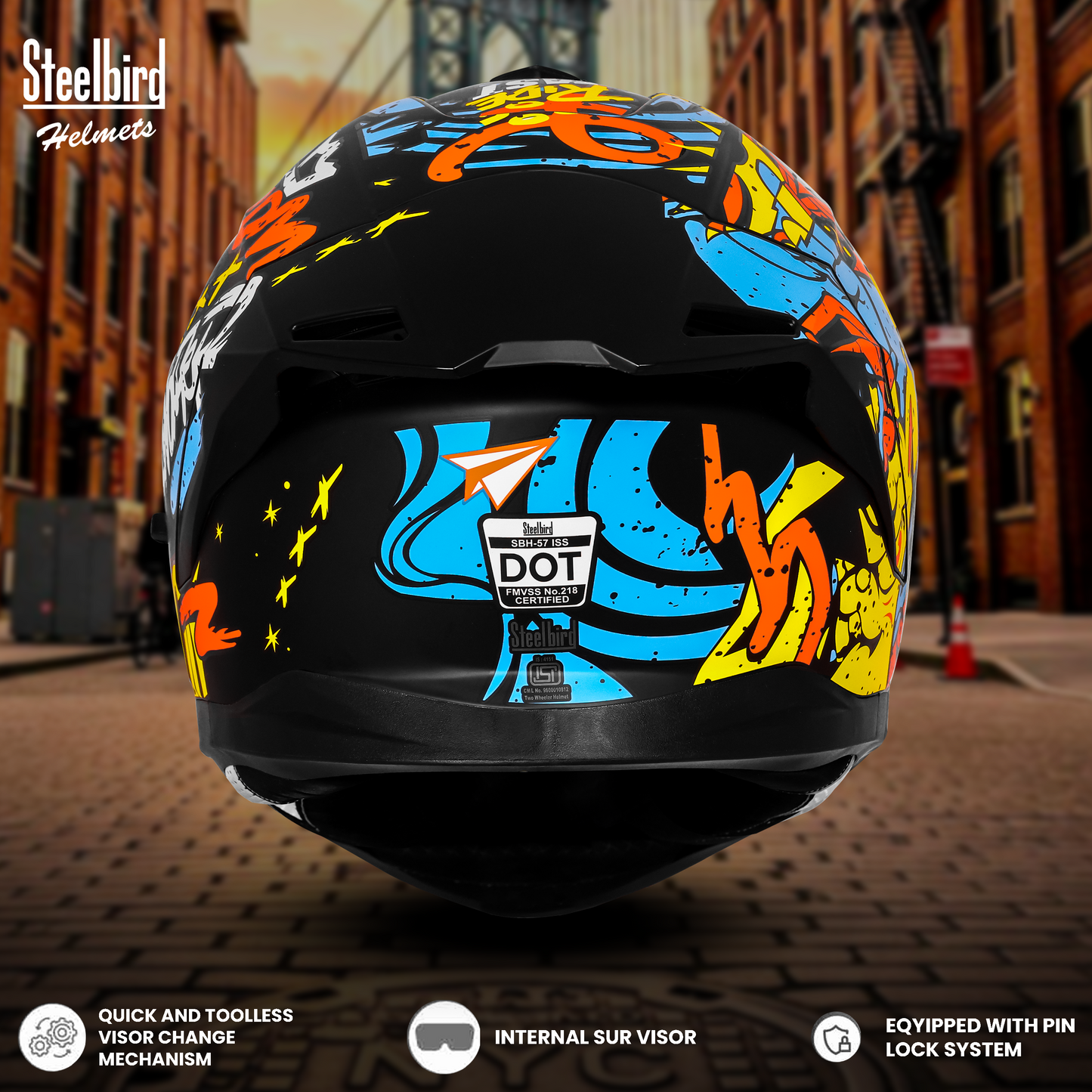 Steelbird SBH-57 Fighter F10 Graphic Helmet ISI and DOT Certified Full Face Helmet for Men with Inner Silver Sun Shield (Glossy Black Neon Orange)
