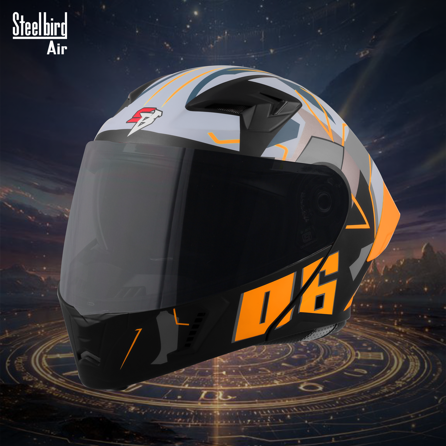Steelbird SBA-20 06 ISI Certified Flip-Up Graphic Helmet for Men and Women with Inner Chrome Sun Shield .(Glossy Black Orange with Smoke Visor).