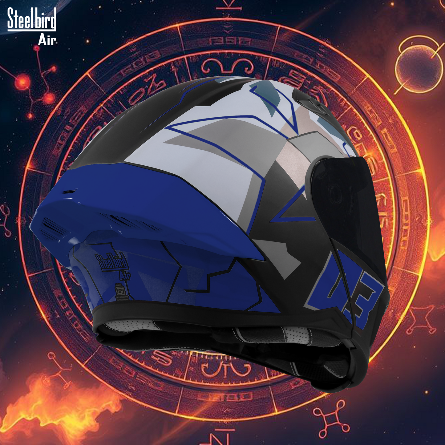 Steelbird SBA-20 03 ISI Certified Flip-Up Graphic Helmet for Men and Women with Inner Chrome Sun Shield.(Glossy Black Blue with Smoke Visor).