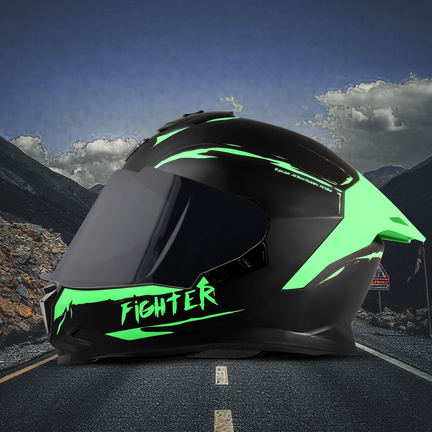 Steelbird SBH-57 Fighter F2 Graphic Helmet ISI and DOT Certified Full Face Helmet for Men with Inner Silver Sun Shield (Glossy Black Green))