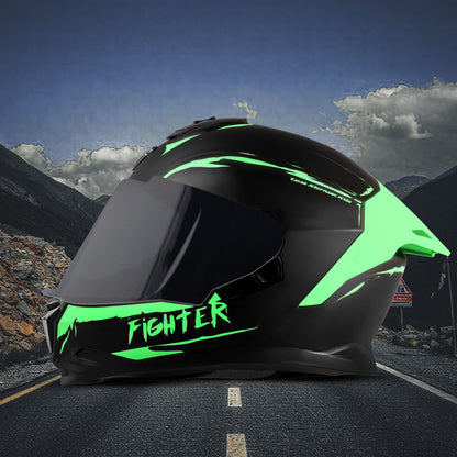 Steelbird SBH-57 Fighter F2 Graphic Helmet ISI and DOT Certified Full Face Helmet for Men with Inner Silver Sun Shield (Glossy Black Green))