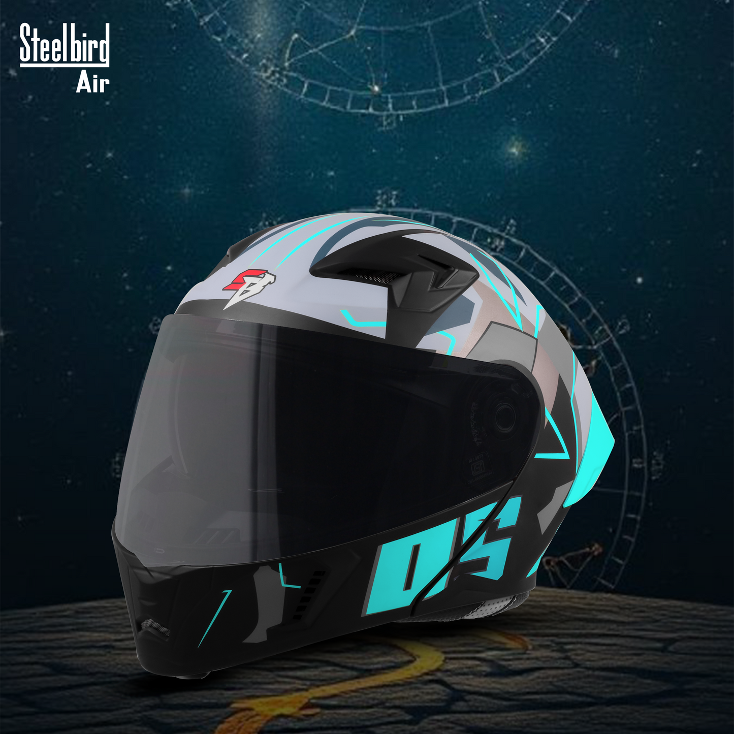 Steelbird SBA-20 05 ISI Certified Flip-Up Graphic Helmet for Men and Women with Inner Chrome Sun Shield. (Glossy Black Jazz Blue with Smoke Visor) .