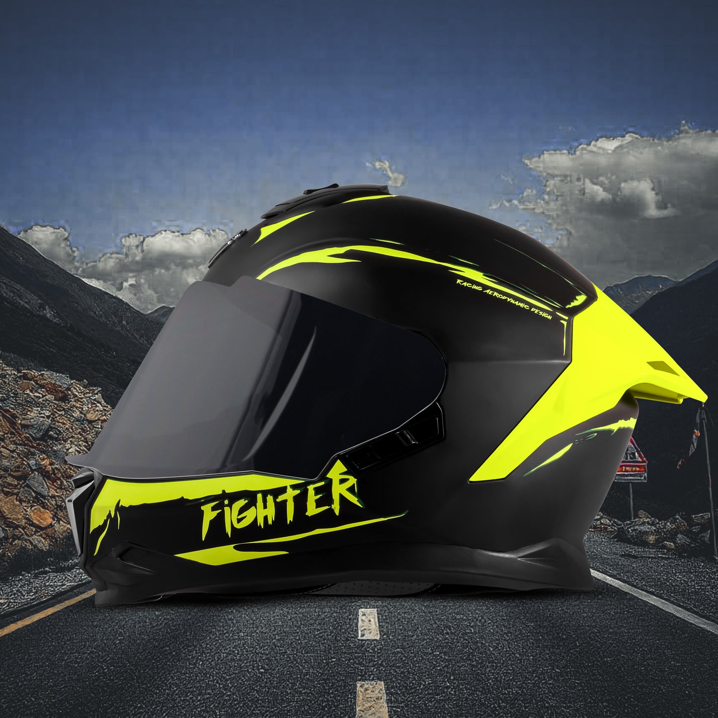 Steelbird SBH-57 Fighter F2 Graphic Helmet ISI and DOT Certified Full Face Helmet for Men with Inner Silver Sun Shield (Glossy Black Neon)
