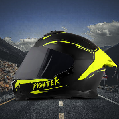 Steelbird SBH-57 Fighter F2 Graphic Helmet ISI and DOT Certified Full Face Helmet for Men with Inner Silver Sun Shield (Glossy Black Neon)