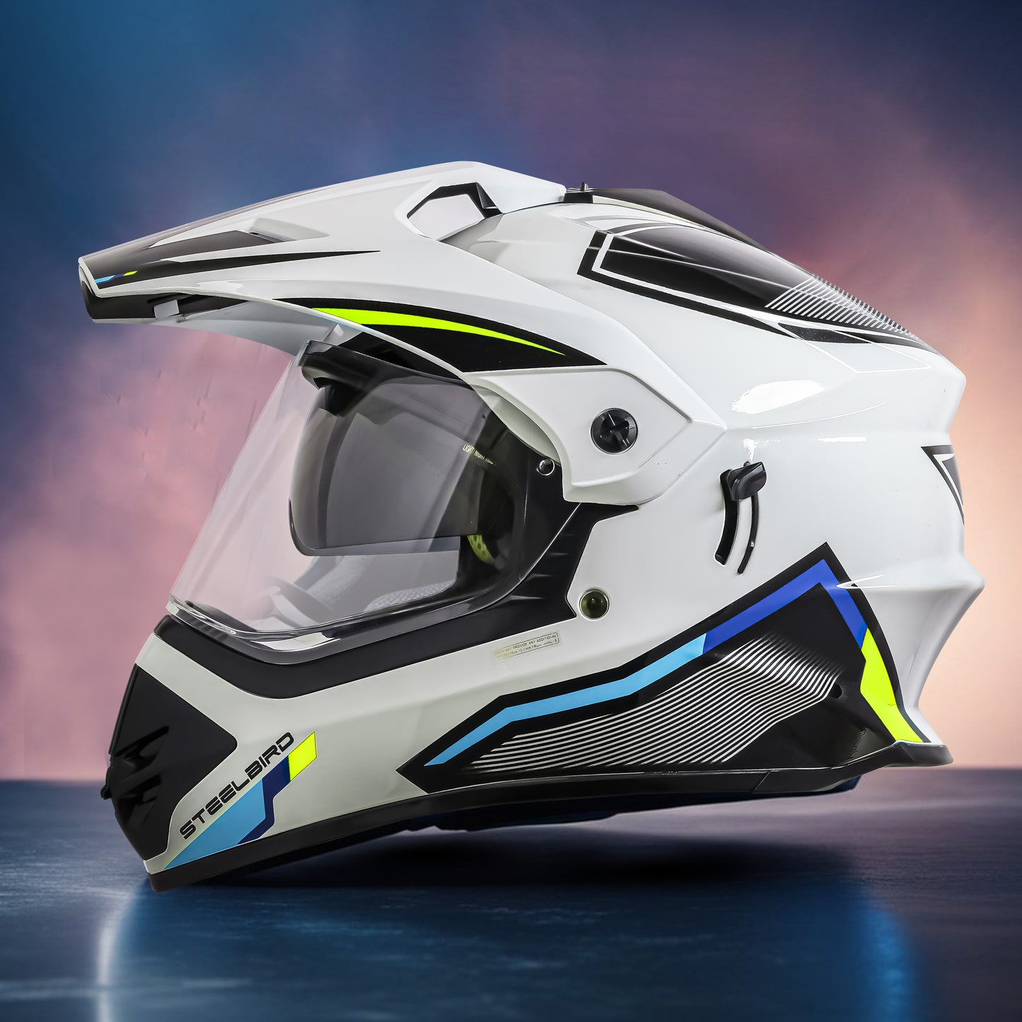 Steelbird Racer Off Road ISI Certified Motocross Double Visor Full Face Graphic Helmet Outer Clear Visor and Inner Silver Sun Shield (Glossy White Neon)