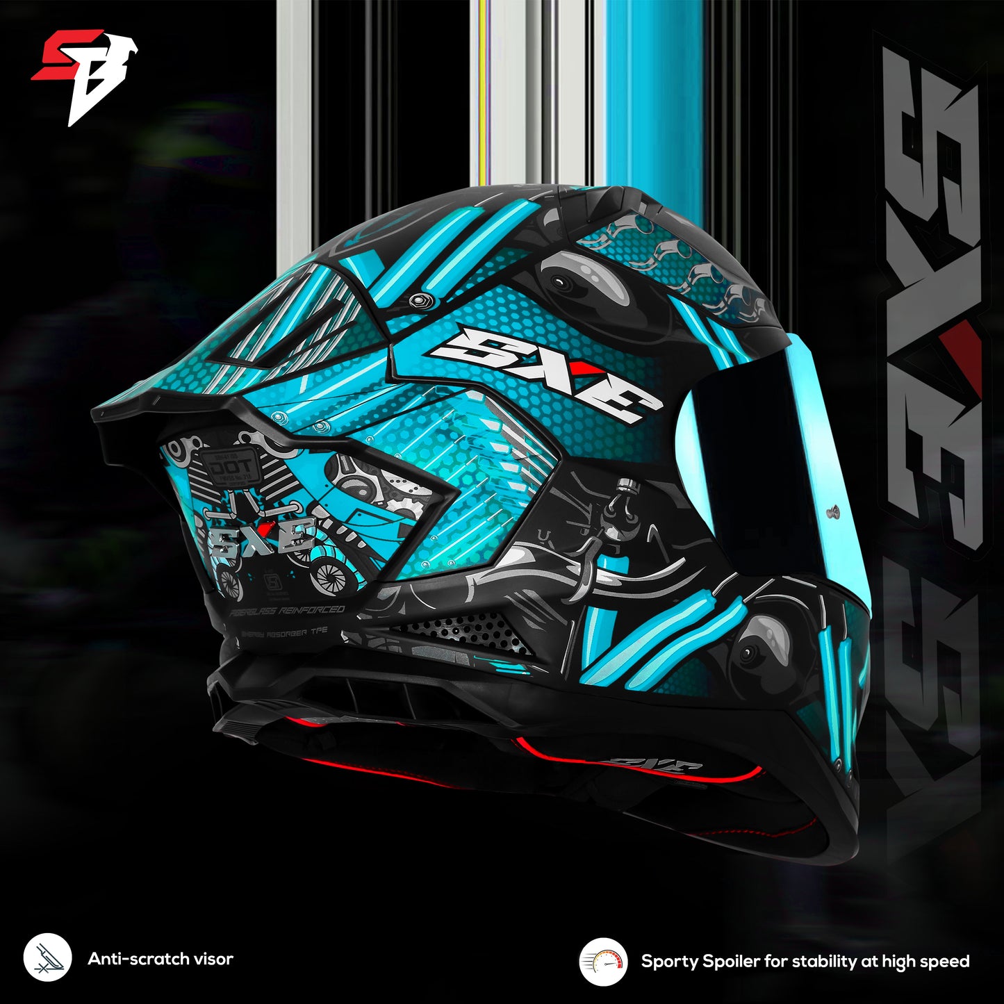 Steelbird SBH 61 SXE X2 ISI and Dot Certified Full Face Helmet for Men and with Inner Silver Sunshield (Glossy Black Cyan Green)