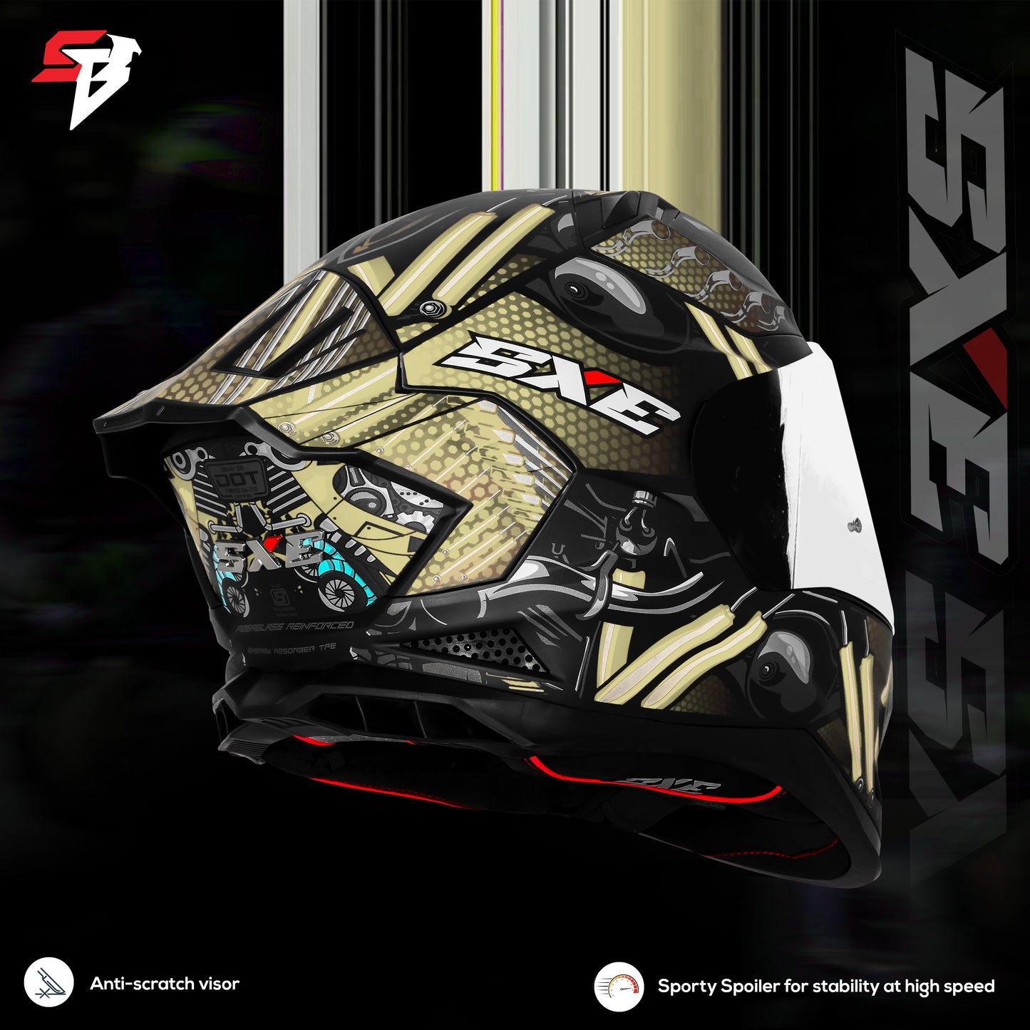 Steelbird SBH 61 SXE X2 ISI and Dot Certified Full Face Helmet for Men and with Inner Silver Sunshield (Glossy Black Golden)